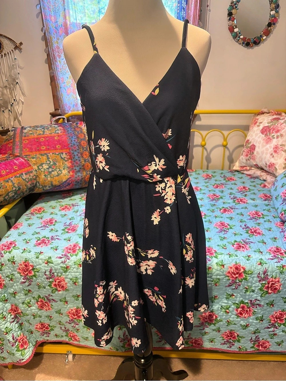 Floral Mini Dress in Navy Blue & Pink Like New